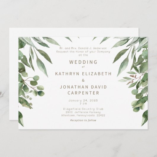 Dripping Eucalyptus Modern Gouden Tekst Bruiloft Kaart (Voorkant / Achterkant)