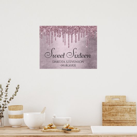 Dripping Girly Glitter | Dusty Mauve Pink Sweet 16 Poster (Keuken)