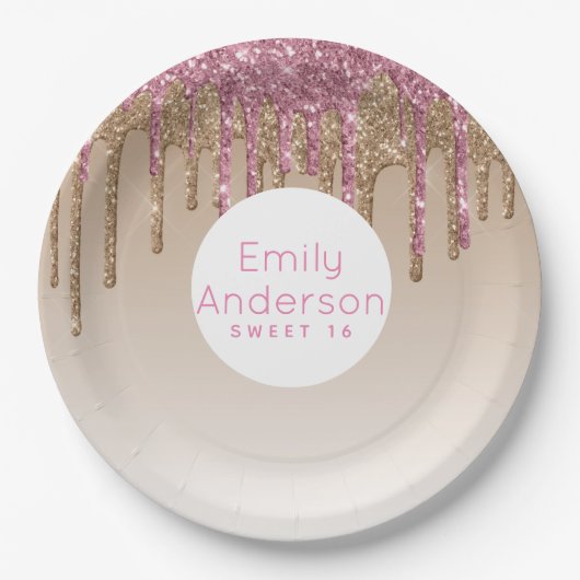 Dripping Glitter Sweet16 Roos Gold Pink 16de parti Papieren Bordje (Voorkant)