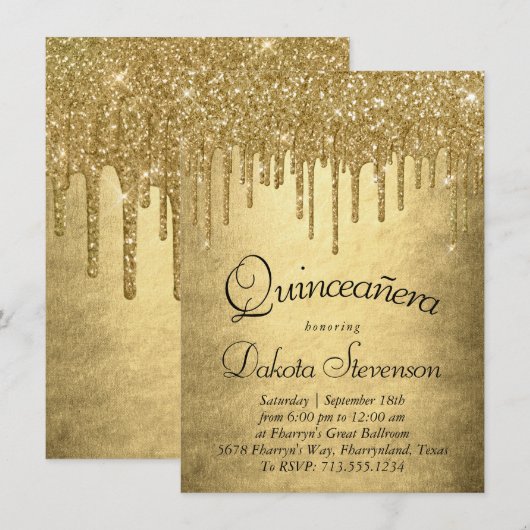 Dripping Gold Glitter | Champagne Melt Quinceanera Kaart (Voorkant / Achterkant)