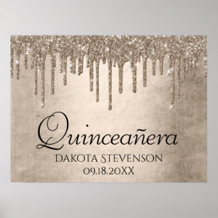 Dripping Gold Glitter   Champagne Melt Quinceanera Poster