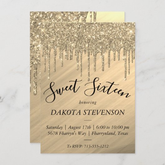 Dripping Gold Glitter | Elegant Smelt Zoet Zestien Kaart (Voorkant / Achterkant)