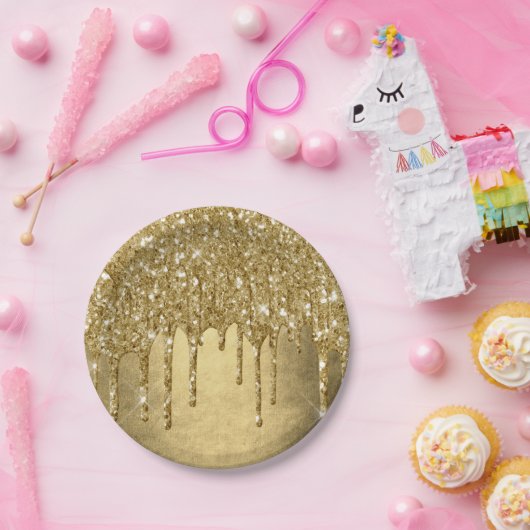 Dripping Gold Glitter | Luxe Faux Metallic Sparkle Papieren Bordje (Feest)