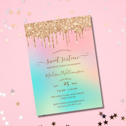 Dripping Gold Glitter & Rainbow Sweet 16-dag Kaart