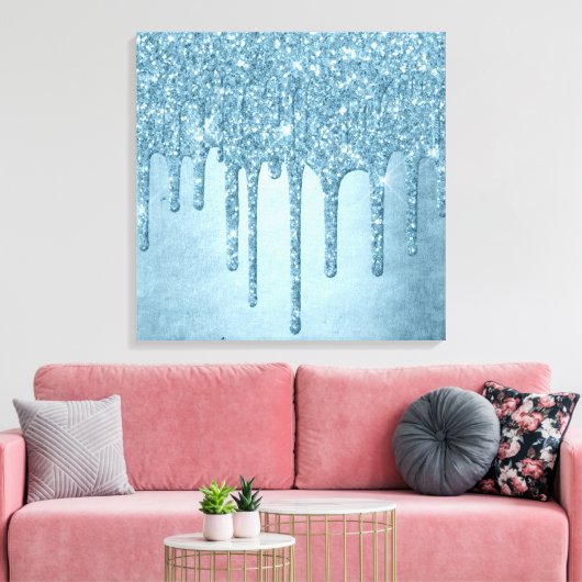 Dripping Ice Glitter | Blauw Faux Sparkle Metallic Canvas Afdruk (Insitu (Woonkamer))
