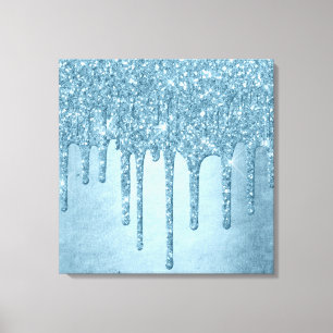 Dripping Ice Glitter Blauw Faux Sparkle Metallic Canvas Afdruk