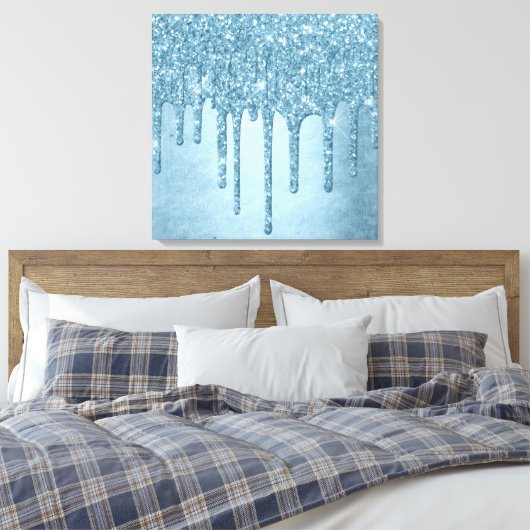 Dripping Ice Glitter | Blauw Faux Sparkle Metallic Canvas Afdruk (Insitu (Slaapkamer))