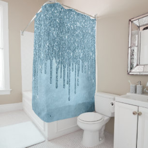 Dripping Ice Glitter Blauw Faux Sparkle Metallic Douchegordijn