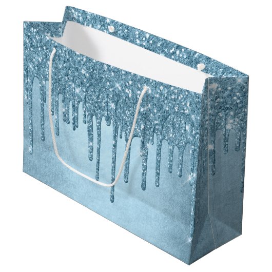 Dripping Ice Glitter | Blauw Faux Sparkle Metallic Groot Cadeauzakje (Voorkant Gekanteld)