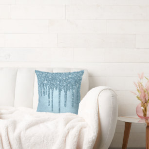 Dripping Ice Glitter   Blauw Faux Sparkle Metallic Kussen