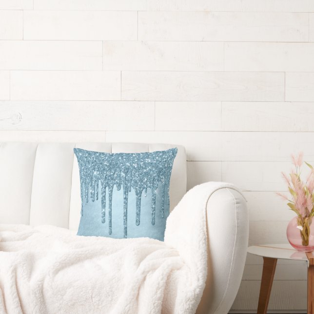 Dripping Ice Glitter | Blauw Faux Sparkle Metallic Kussen (Bank)