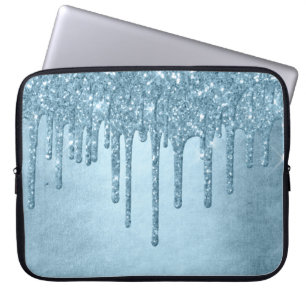 Dripping Ice Glitter Blauw Faux Sparkle Metallic Laptop Sleeve