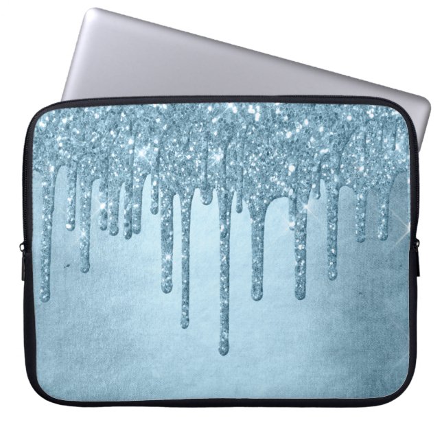 Dripping Ice Glitter | Blauw Faux Sparkle Metallic Laptop Sleeve (Voorkant)