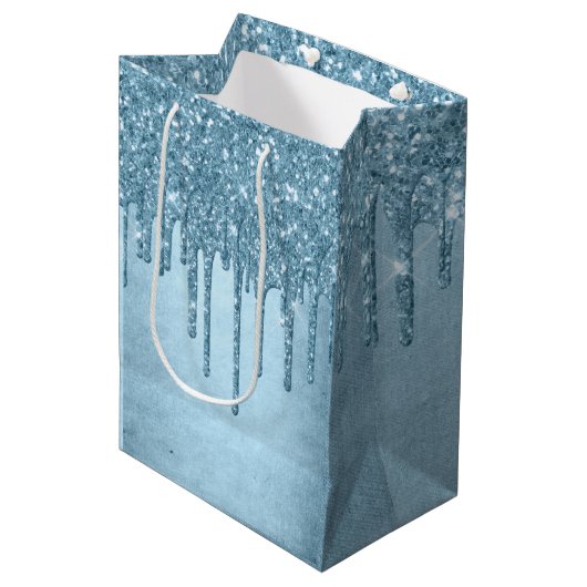 Dripping Ice Glitter | Blauw Faux Sparkle Metallic Medium Cadeauzakje (Voorkant Gekanteld)