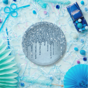 Dripping Ice Glitter   Blauw Faux Sparkle Metallic Papieren Bordje