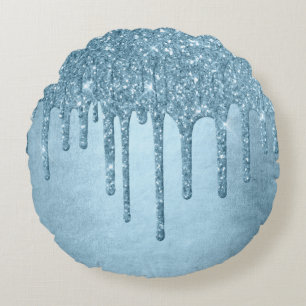 Dripping Ice Glitter   Blauw Faux Sparkle Metallic Rond Kussen