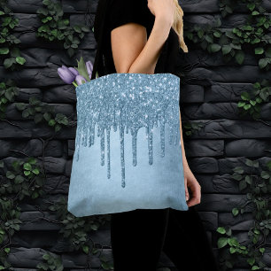Dripping Ice Glitter Blauw Faux Sparkle Metallic Tote Bag