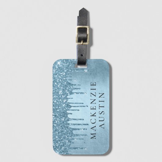 Dripping Ice Glitter | Blauw Faux Sparkle Monogram Bagagelabel (Voorkant (verticaal))