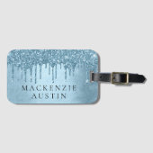 Dripping Ice Glitter | Blauw Faux Sparkle Monogram Bagagelabel (Voorkant (horizontaal))