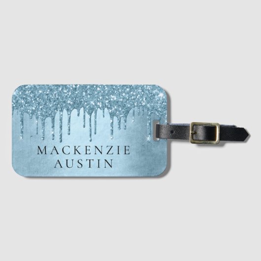 Dripping Ice Glitter | Blauw Faux Sparkle Monogram Bagagelabel (Voorkant (horizontaal))