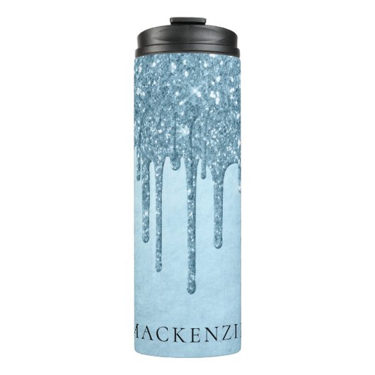 Dripping Ice Glitter | Blauw Faux Sparkle Monogram Thermosbeker (Voorkant)