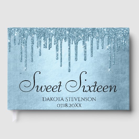 Dripping Ice Glitter | Blauw Faux Sparkle Sweet 16 Gastenboek (Voorkant)