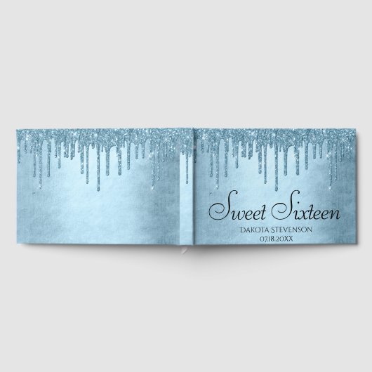 Dripping Ice Glitter | Blauw Faux Sparkle Sweet 16 Gastenboek (Volledig)