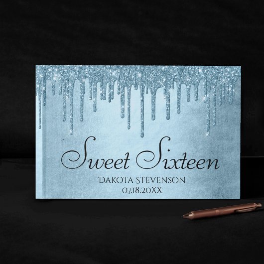 Dripping Ice Glitter | Blauw Faux Sparkle Sweet 16 Gastenboek