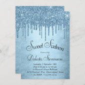 Dripping Ice Glitter | Blauw Faux Sparkle Sweet 16 Kaart (Voorkant / Achterkant)