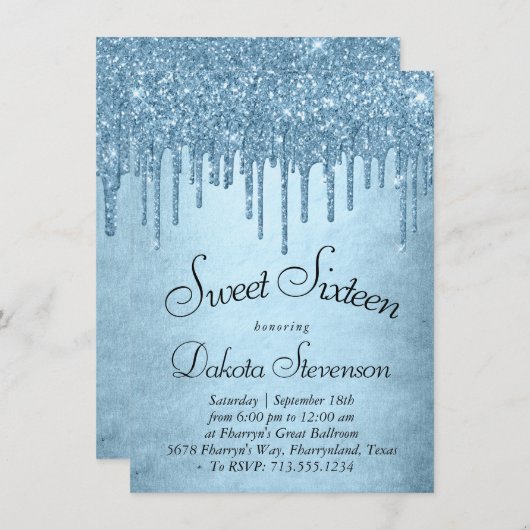 Dripping Ice Glitter | Blauw Faux Sparkle Sweet 16 Kaart (Voorkant / Achterkant)