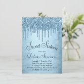 Dripping Ice Glitter | Blauw Faux Sparkle Sweet 16 Kaart (Staand voorkant)