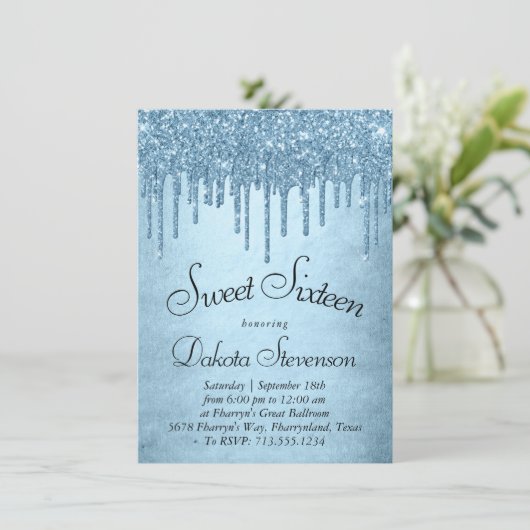 Dripping Ice Glitter | Blauw Faux Sparkle Sweet 16 Kaart (Staand voorkant)