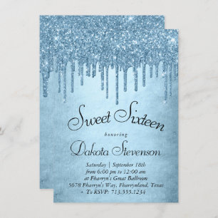 Dripping Ice Glitter   Blauw Faux Sparkle Sweet 16 Kaart