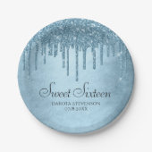 Dripping Ice Glitter | Blauw Faux Sparkle Sweet 16 Papieren Bordje (Voorkant)