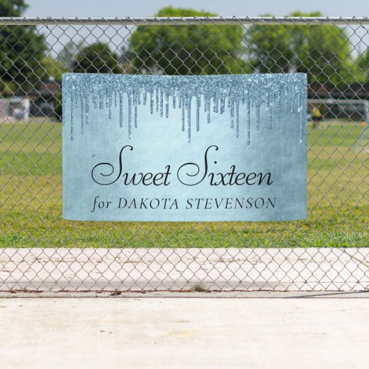 Dripping Ice Glitter | Blauw Faux Sparkle Sweet 16 Spandoek (Insitu)