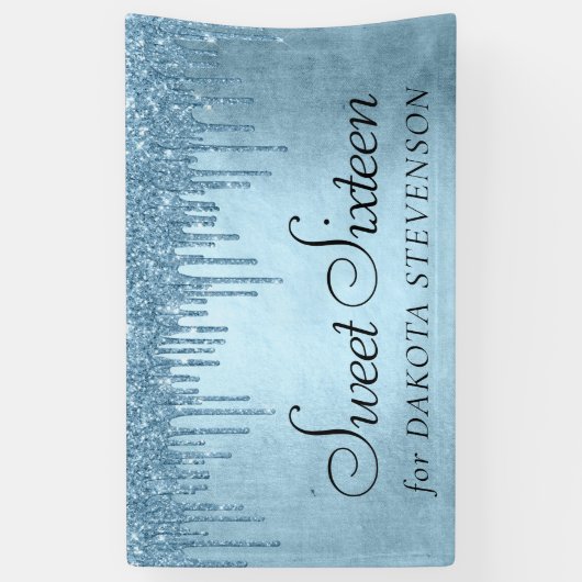 Dripping Ice Glitter | Blauw Faux Sparkle Sweet 16 Spandoek (Verticaal)