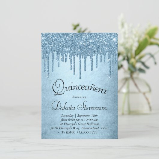 Dripping Ice Glitter | Blue Sparkle Quinceanera Kaart (Staand voorkant)