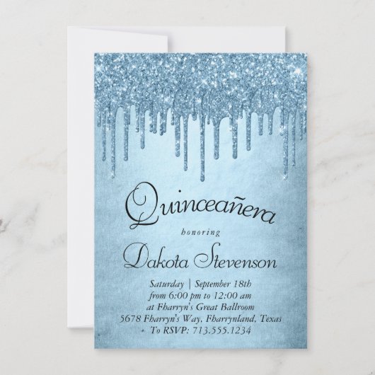 Dripping Ice Glitter | Blue Sparkle Quinceanera Kaart (Voorkant)
