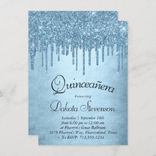 Dripping Ice Glitter   Blue Sparkle Quinceanera Kaart