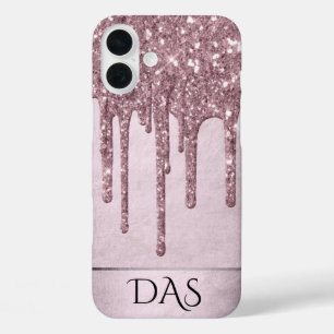 Dripping Mauve Glitter Dusty Pink Melt Monogram iPhone 16 Plus Hoesje