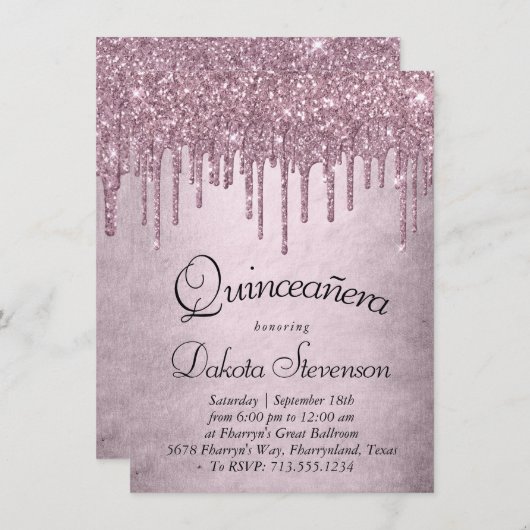 Dripping Mauve Glitter | Dusty Pink Quinceanera Kaart (Voorkant / Achterkant)