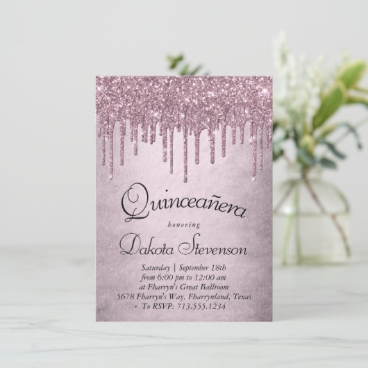 Dripping Mauve Glitter | Dusty Pink Quinceanera Kaart (Staand voorkant)