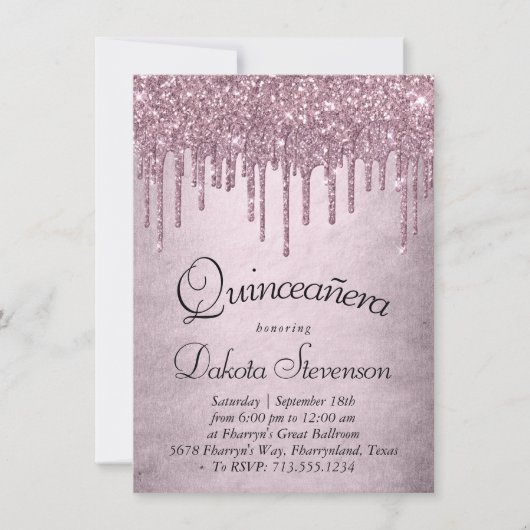 Dripping Mauve Glitter | Dusty Pink Quinceanera Kaart (Voorkant)