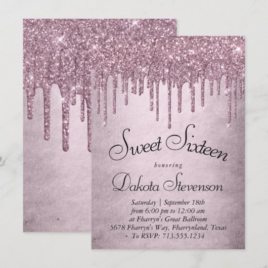 Dripping Mauve Glitter | Dusty Pink Sweet Sixteen Kaart (Voorkant / Achterkant)