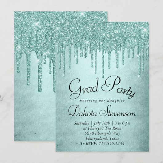 Dripping Mint Glitter | Aqua Blauwgroen Ice Afstud Kaart (Voorkant / Achterkant)