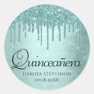 Dripping Mint Glitter   Aqua Blauwgroen Pour Quinc Ronde Sticker