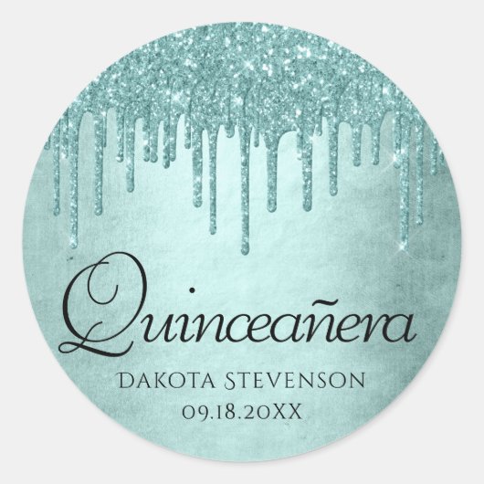 Dripping Mint Glitter | Aqua Blauwgroen Pour Quinc Ronde Sticker (Voorkant)