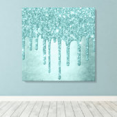 Dripping Mint Glitter | Aqua Blauwgroen smelten Po Canvas Afdruk (Insitu (Houten vloer))