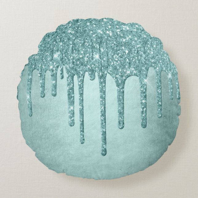 Dripping Mint Glitter | Aqua Blauwgroen smelten Po Rond Kussen (Voorkant)