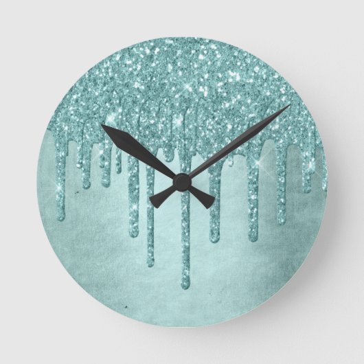 Dripping Mint Glitter | Aqua Blauwgroen smelten Po Ronde Klok (Voorkant)
